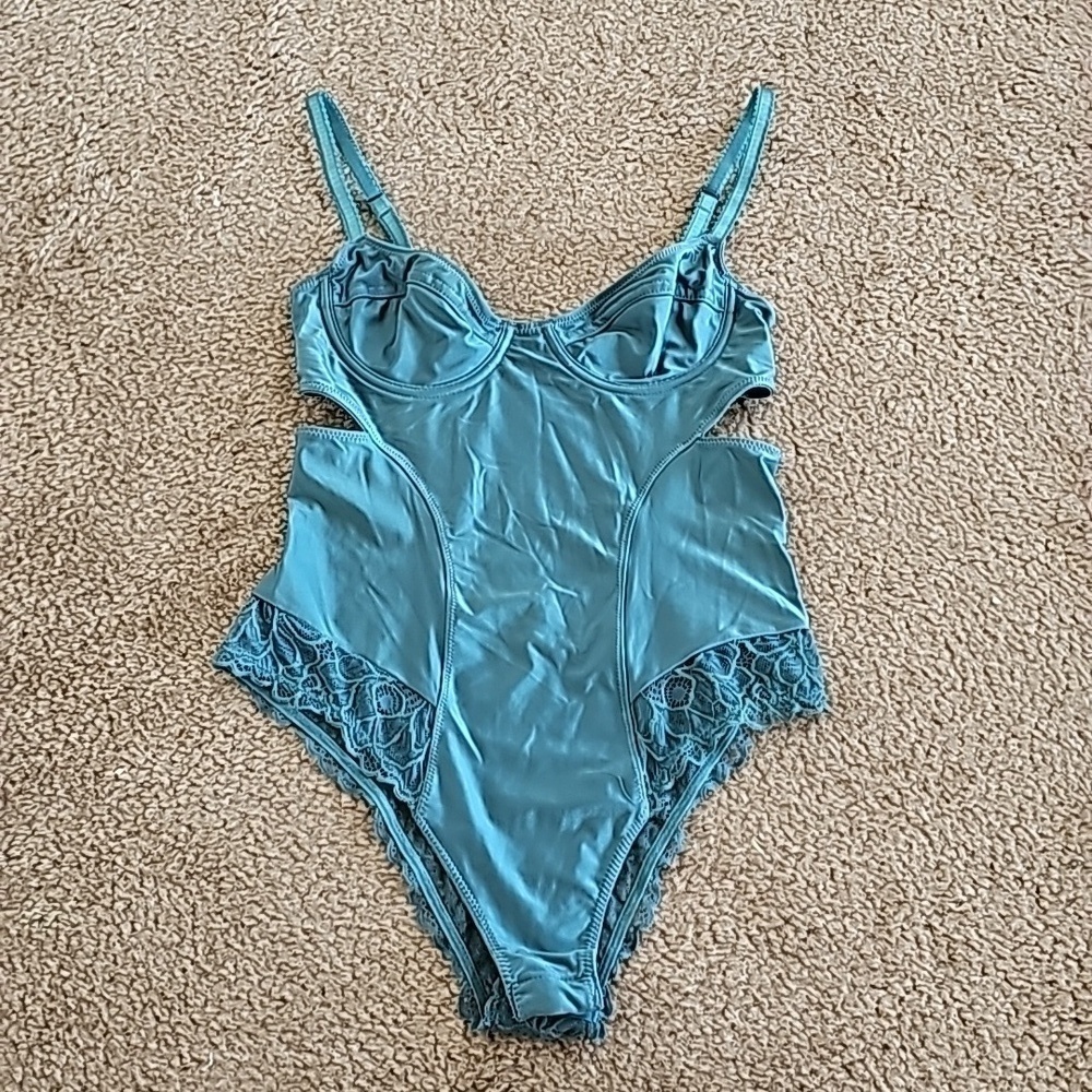 Out From Under Teal Lace Cutout Bustier Bodysuit XS